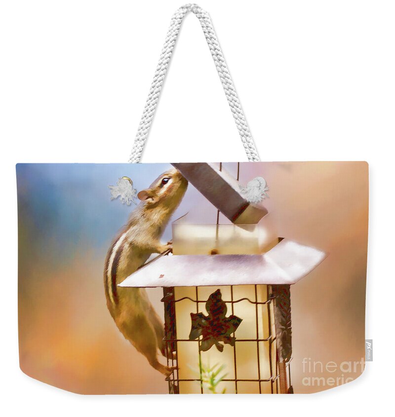 Animal Weekender Tote Bag featuring the photograph Chipmunk at the Feeder 1 Nursery Triptych by Eleanor Abramson