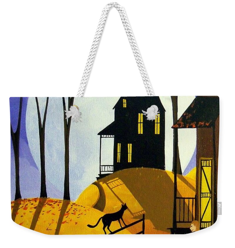 Folk Art Weekender Tote Bag featuring the painting Chow Time - folk art cats girl by Debbie Criswell