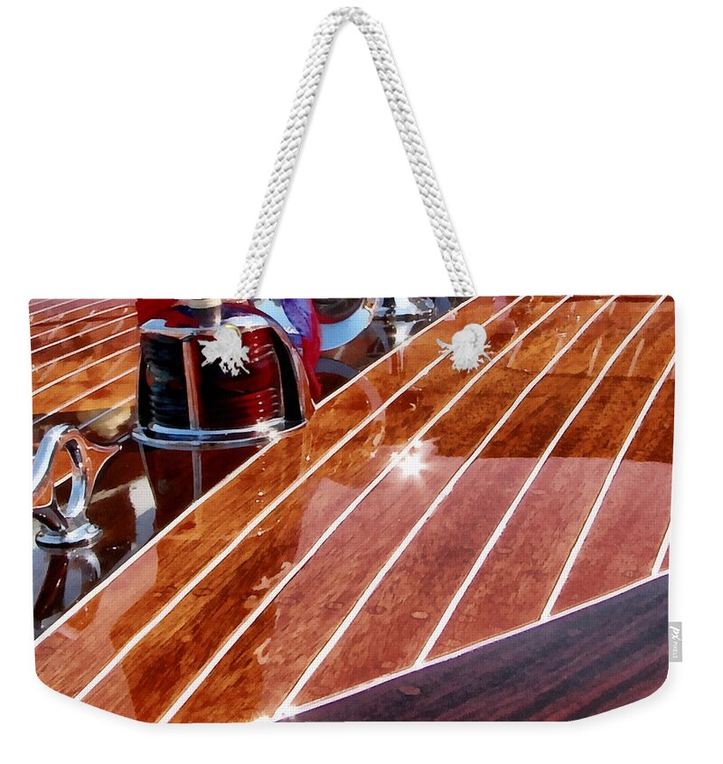 Chriscraft Weekender Tote Bag featuring the digital art Chris Craft Bow - Painterly by Michelle Calkins