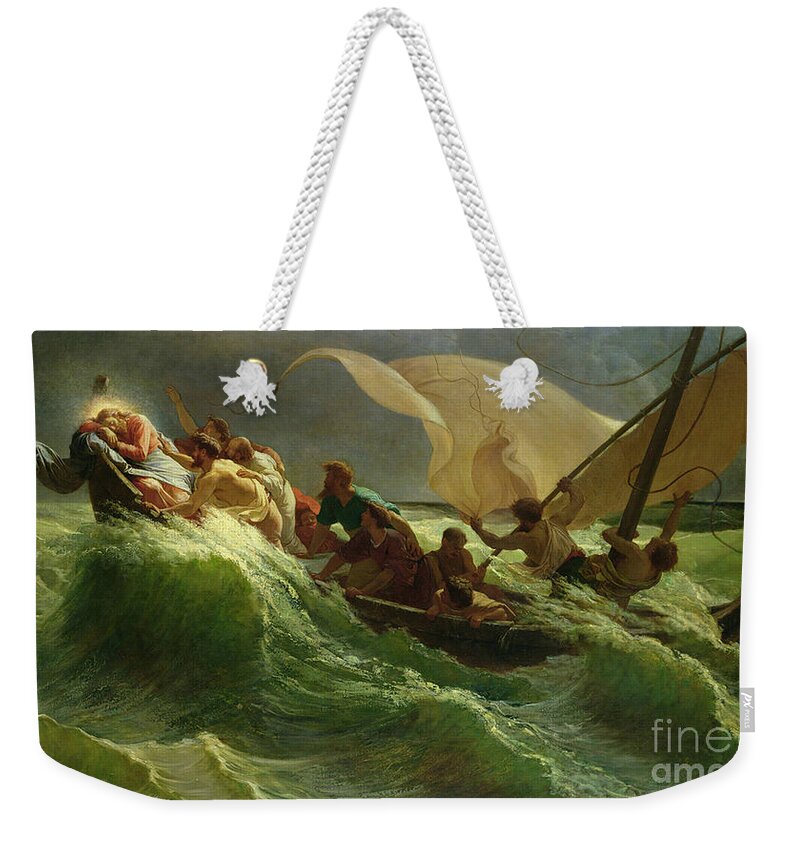 Christ Weekender Tote Bag featuring the painting Christ Asleep in his Boat by Jules Joseph Meynier