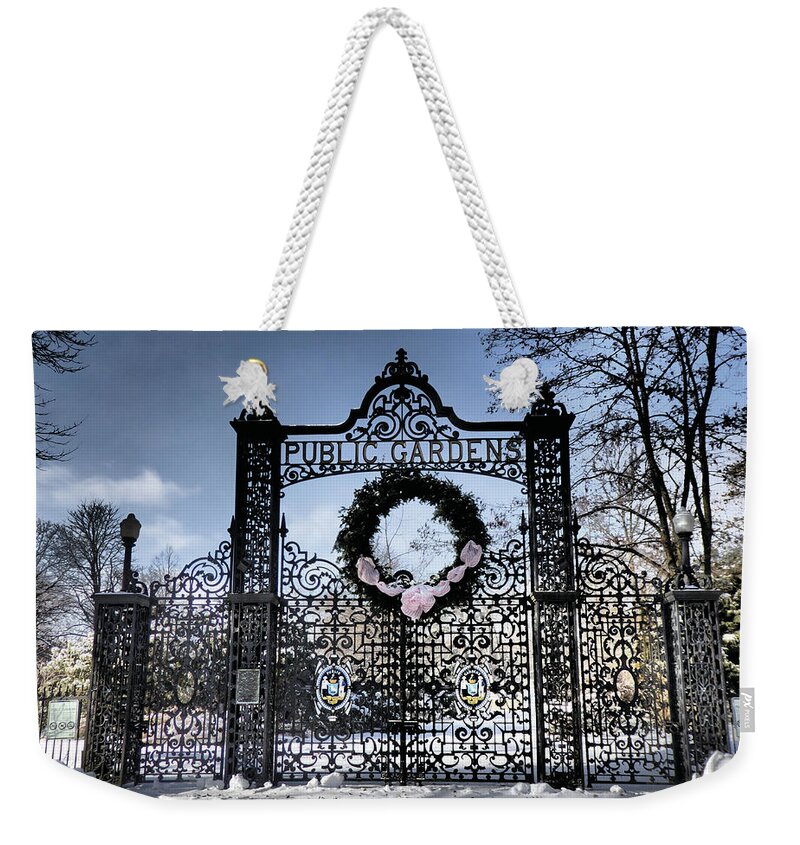 Wrought Iron Gate Weekender Tote Bag featuring the photograph Christmas at the Public Gardens by Celtic Artist Angela Dawn MacKay