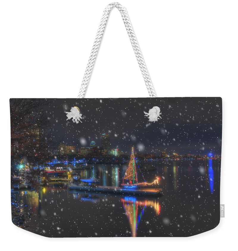 Boat Weekender Tote Bag featuring the photograph Christmas Boat on the Charles River - Boston by Joann Vitali