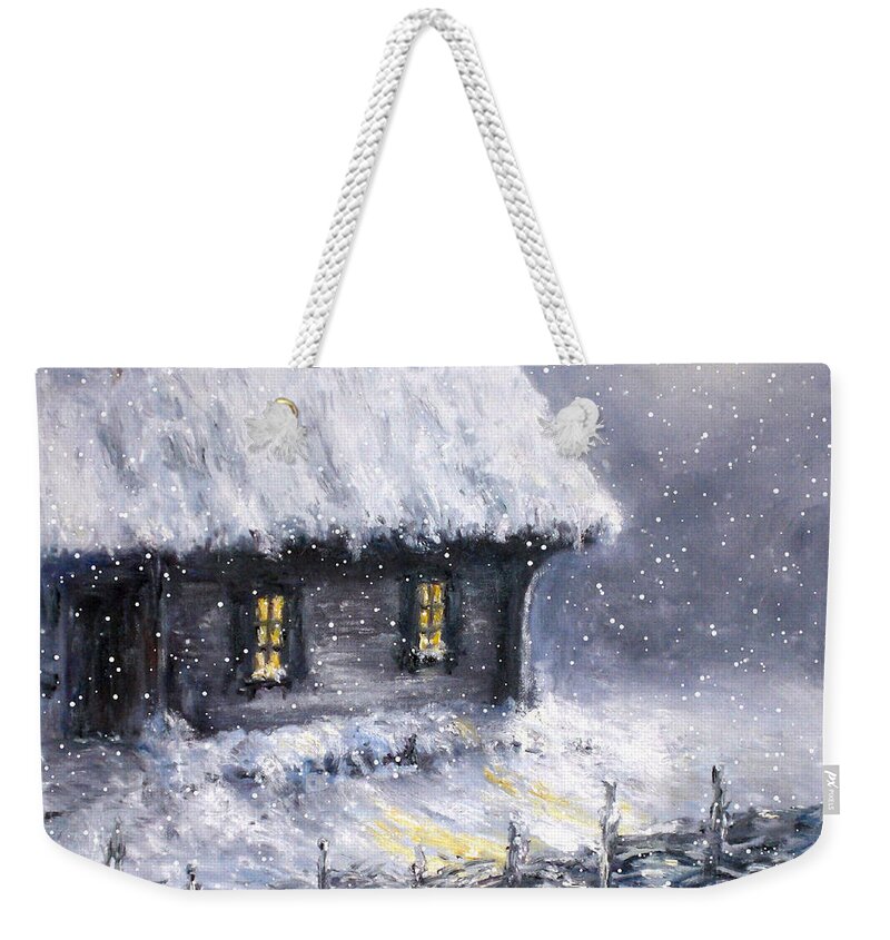 Landscape Weekender Tote Bag featuring the painting Christmas eve by Arturas Slapsys