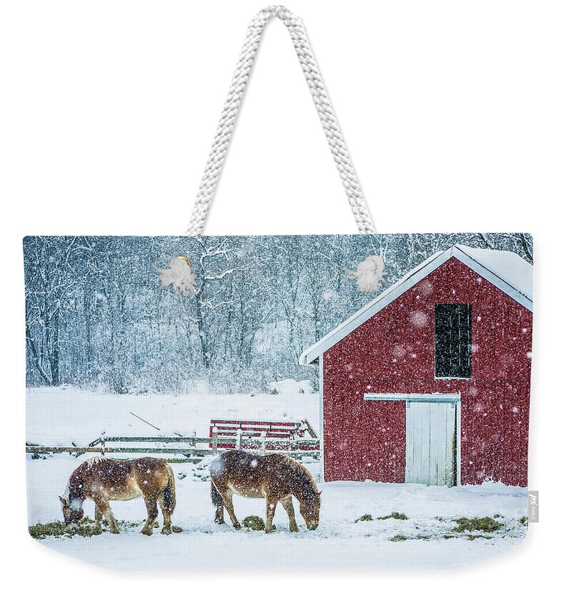 2013 Weekender Tote Bag featuring the photograph Christmas Eve Snow Storm Stowe Vermont by Edward Fielding