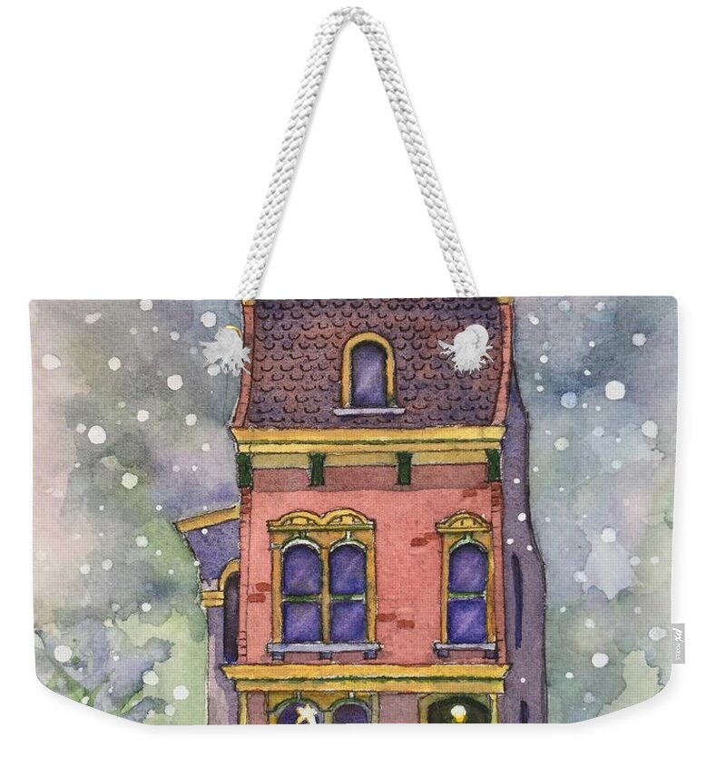 Watercolor Christmas Card Weekender Tote Bag featuring the painting Christmas on North Hill by Rebecca Matthews