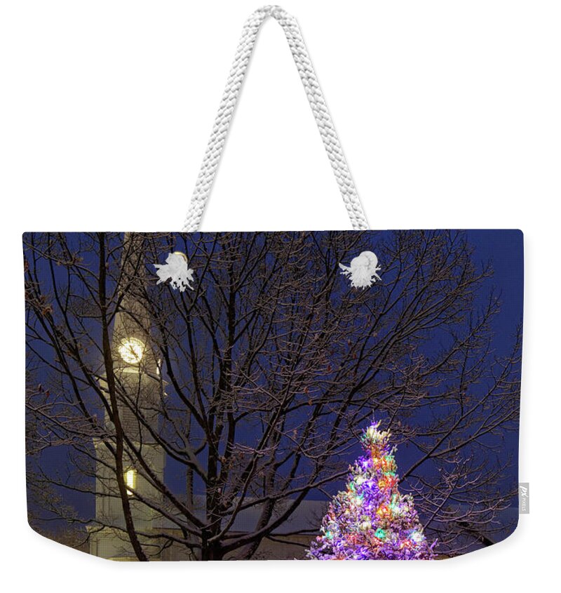 Church Weekender Tote Bag featuring the photograph Christmas tree and church, Maine by Kevin Shields