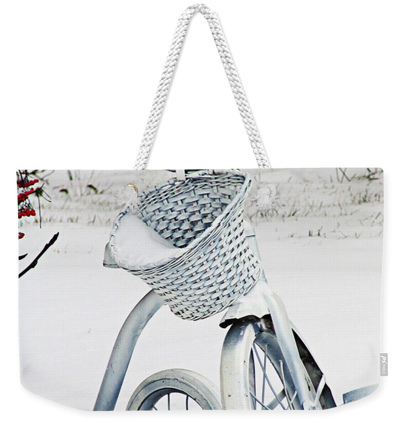 Christmas Card Weekender Tote Bag featuring the photograph Christmas Tryke in White No Text by Maggie Terlecki