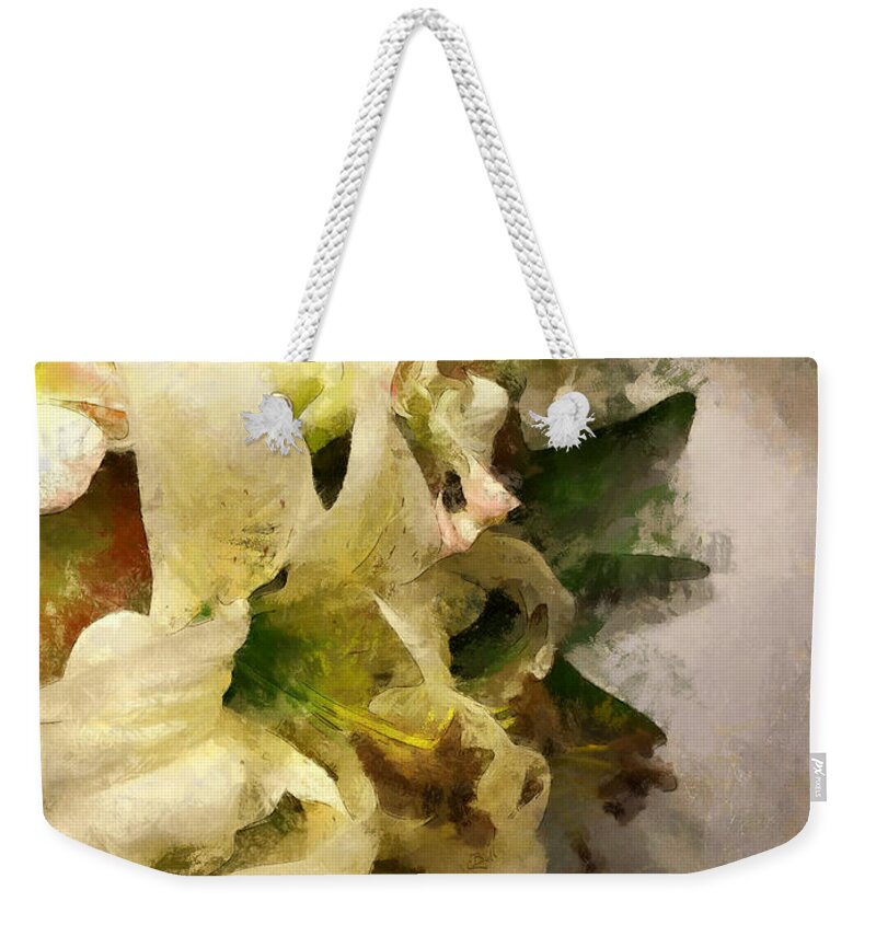 Lily Weekender Tote Bag featuring the photograph Christmas White Flowers by Claire Bull