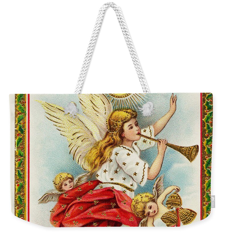 Christmas Wishes Angels Blowing Horns Vintage Victorian Weekender Tote Bag featuring the painting Christmas wishes Angels blowing horns vintage victorian by Vintage Collectables