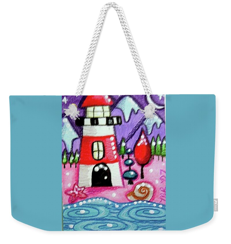 Lighthouse Weekender Tote Bag featuring the painting Christmasy Lighthouse by Monica Resinger