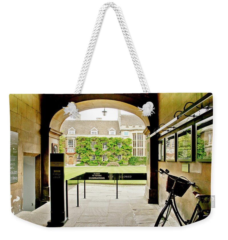 Christ's College Weekender Tote Bag featuring the photograph Christ's College closed for exam time. Cambridge. by Elena Perelman
