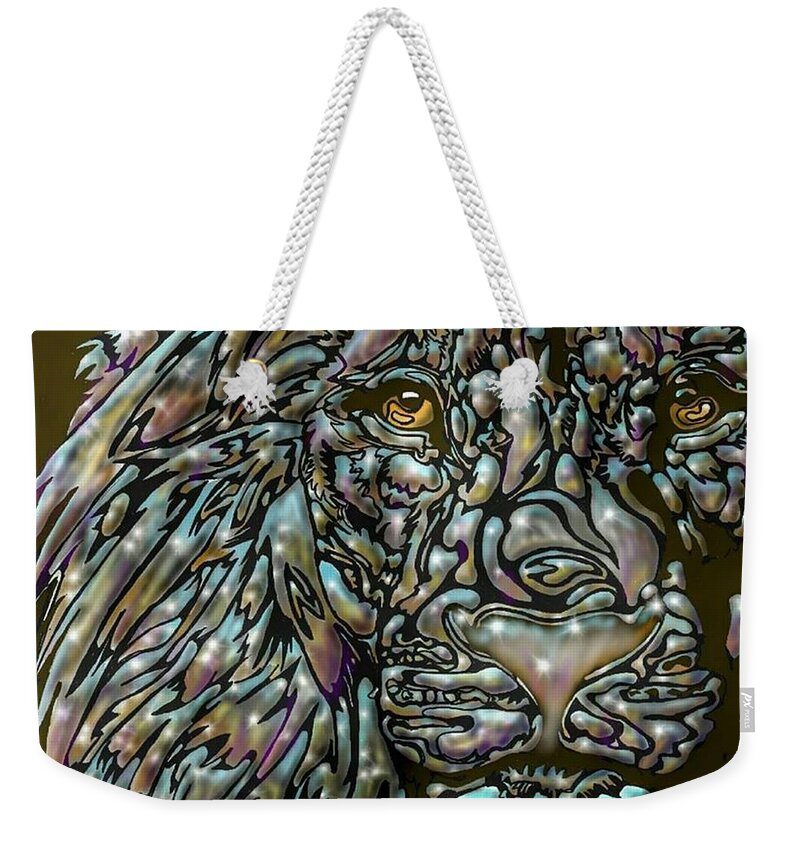 Chrome Weekender Tote Bag featuring the digital art Chrome Lion by Darren Cannell