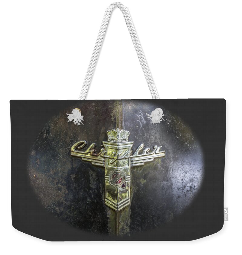 1930s Weekender Tote Bag featuring the photograph Chrysler Hood Ornament by Debra and Dave Vanderlaan