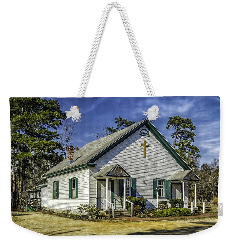 Batsto-pleasant Mills Weekender Tote Bag featuring the photograph Church at Batsto Village by Nick Zelinsky Jr