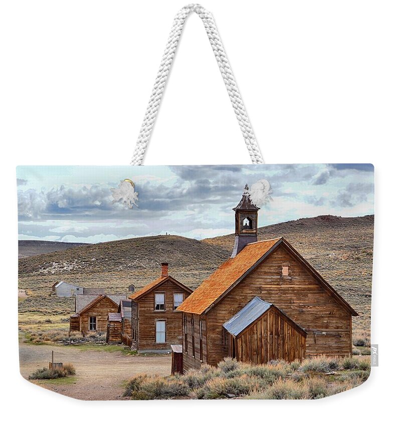 Scenic Weekender Tote Bag featuring the photograph Church at Bodie Ghost Town by AJ Schibig