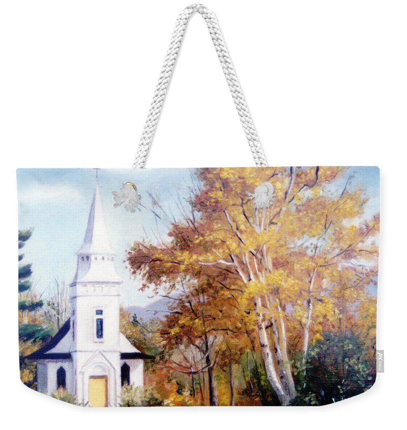 Church With Steeple Weekender Tote Bag featuring the painting Church at Sugar Hill by Marie Witte