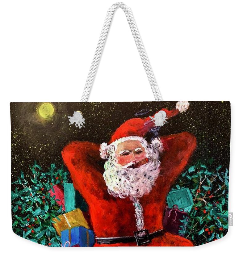 Christmas Weekender Tote Bag featuring the painting Cigar Santa by Rand Burns