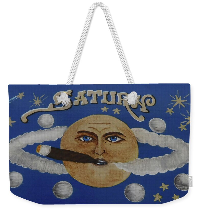 Cigar Weekender Tote Bag featuring the painting Cigar smoking Saturn by William Bowers