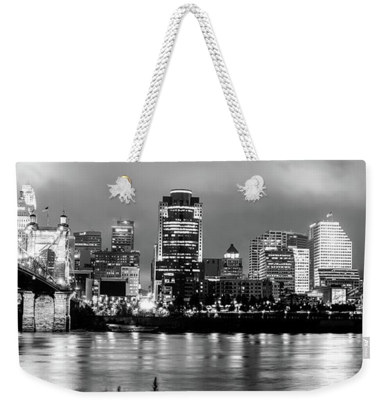 Cincinnati Panorama Weekender Tote Bag featuring the photograph Cincinnati Downtown Skyline Panorama Black and White by Gregory Ballos