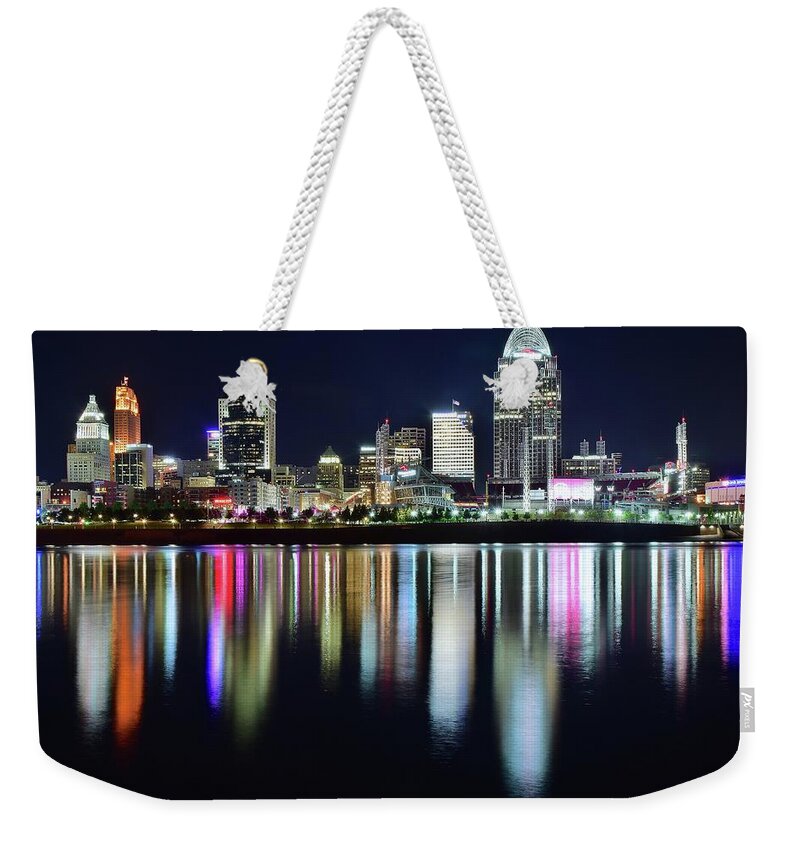 Cincinnati Weekender Tote Bag featuring the photograph Cincinnati Late Night Lights by Frozen in Time Fine Art Photography