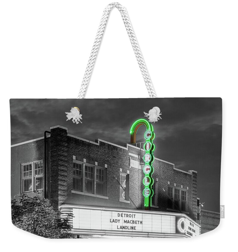 Circle Weekender Tote Bag featuring the photograph Circle Cinema Tulsa Oklahoma BW by Bert Peake