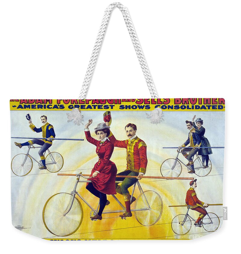 1900 Weekender Tote Bag featuring the drawing CIRCUS, BICYCLISTS, c1900. by Granger
