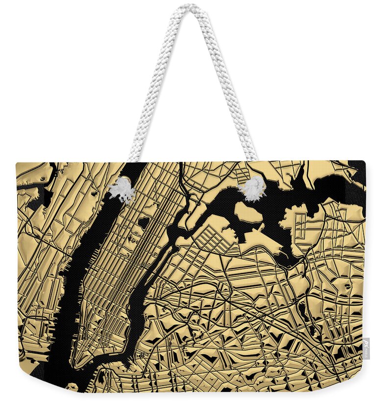 'nyc ' Collection By Serge Averbukh Weekender Tote Bag featuring the digital art Cities of Gold - Golden City Map New York on Black by Serge Averbukh