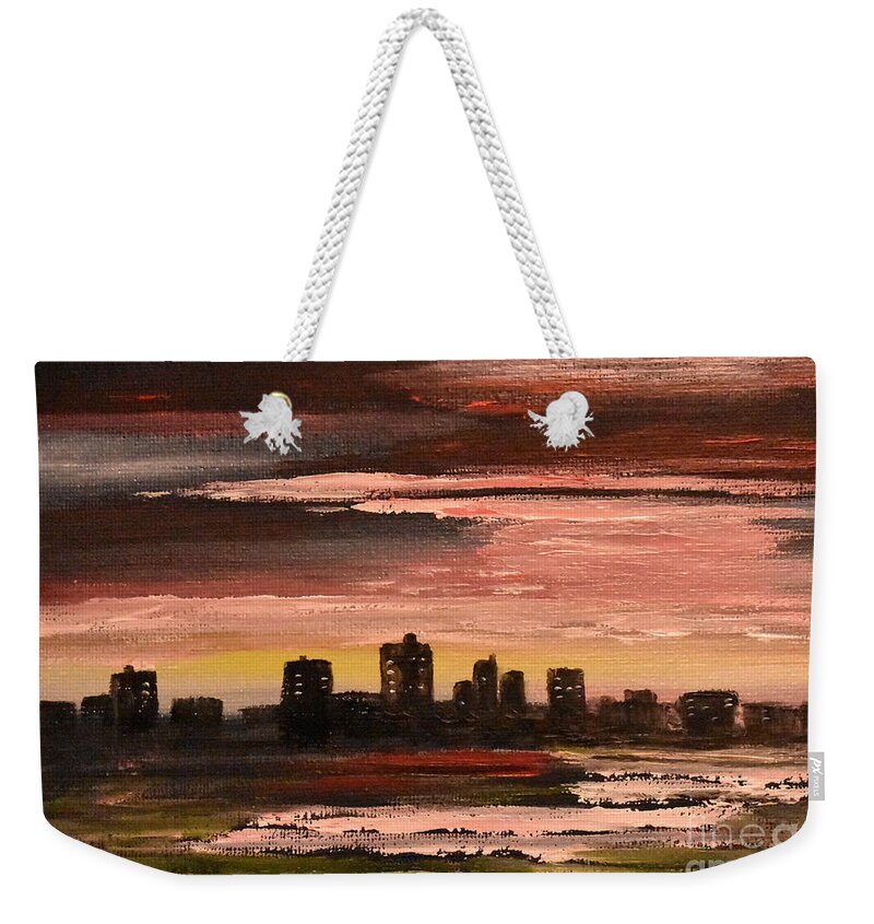 City Weekender Tote Bag featuring the painting City At Night by Monika Shepherdson