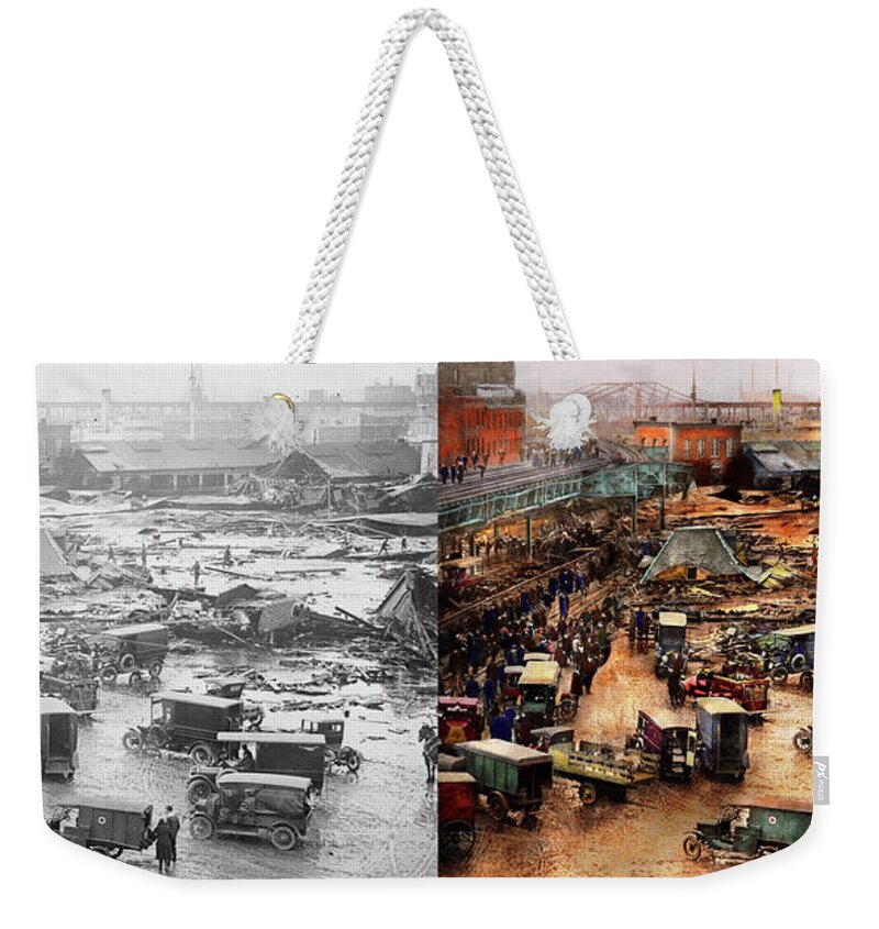 Self Weekender Tote Bag featuring the photograph City - Boston Ma - The Great Molasses Flood 1919 - Side by Side by Mike Savad