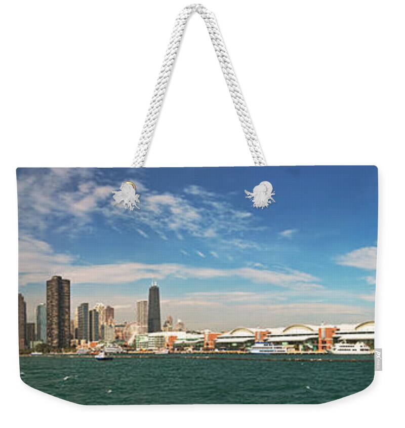 Chicago Weekender Tote Bag featuring the photograph City - Chicago IL - Chicago Skyline and The Navy Pier by Mike Savad