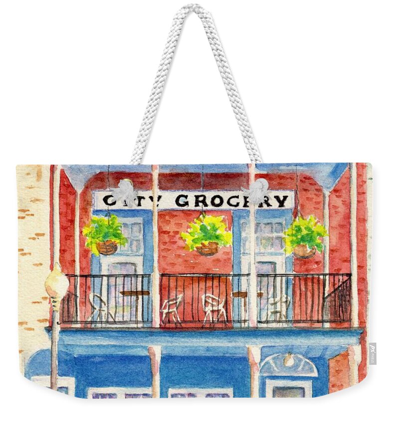 Oxford Ms Weekender Tote Bag featuring the painting City Grocery Oxford Mississippi by Carlin Blahnik CarlinArtWatercolor