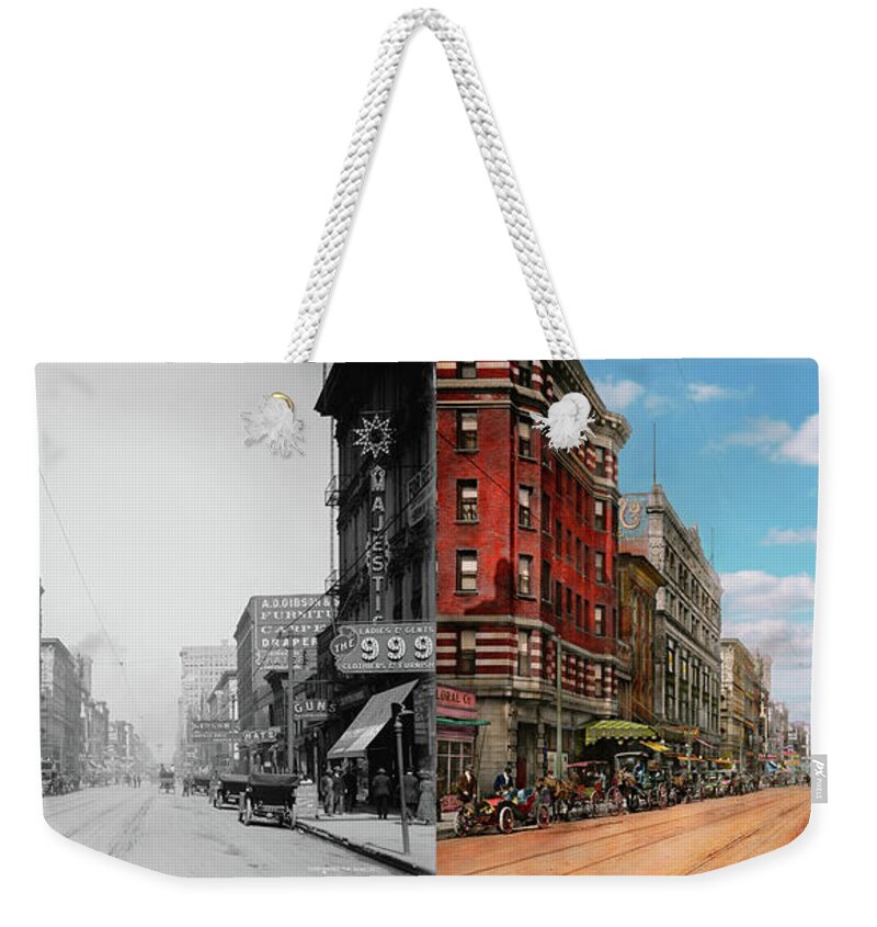 Memphis Weekender Tote Bag featuring the photograph City - Memphis TN - Main Street Mall 1909 - Side by Side by Mike Savad
