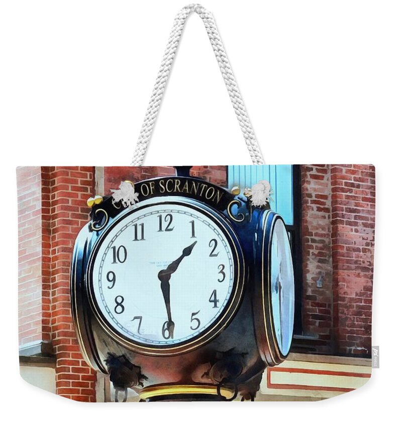 Scranton Pennsylvania Weekender Tote Bag featuring the photograph City of Scranton - Street Clock - Brick by Janine Riley