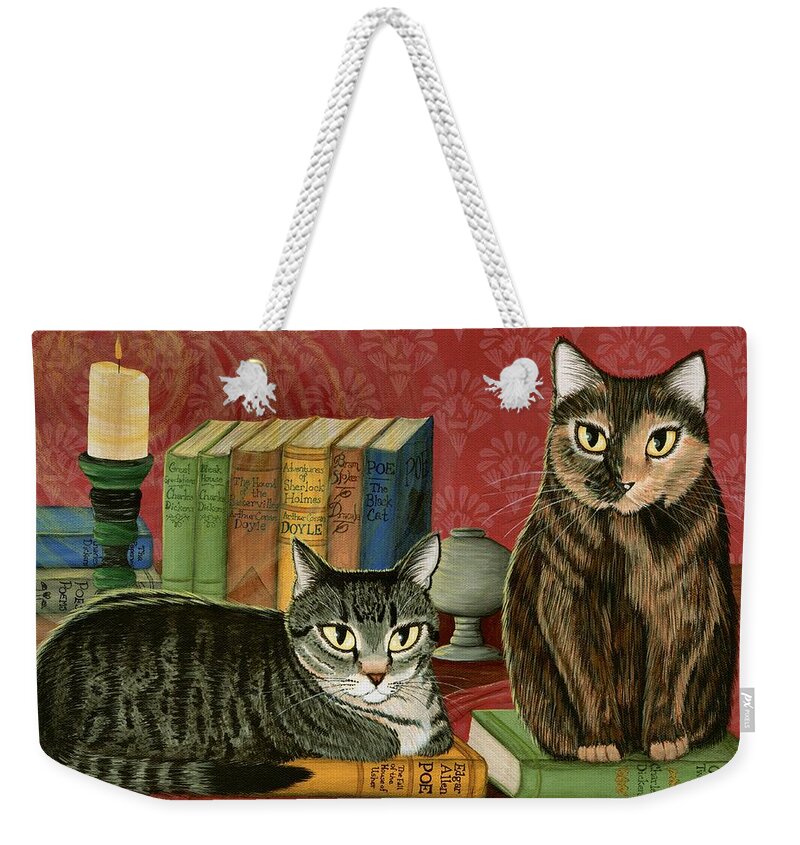 Cats Weekender Tote Bag featuring the painting Classic Literary Cats by Carrie Hawks
