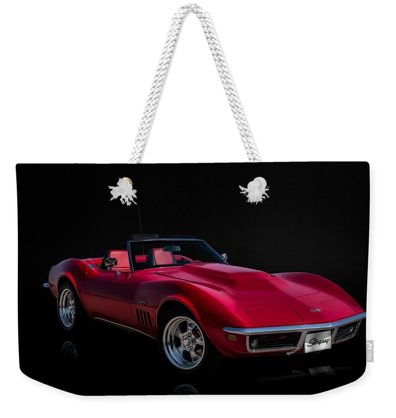 Red Weekender Tote Bag featuring the digital art Classic Red Corvette by Douglas Pittman
