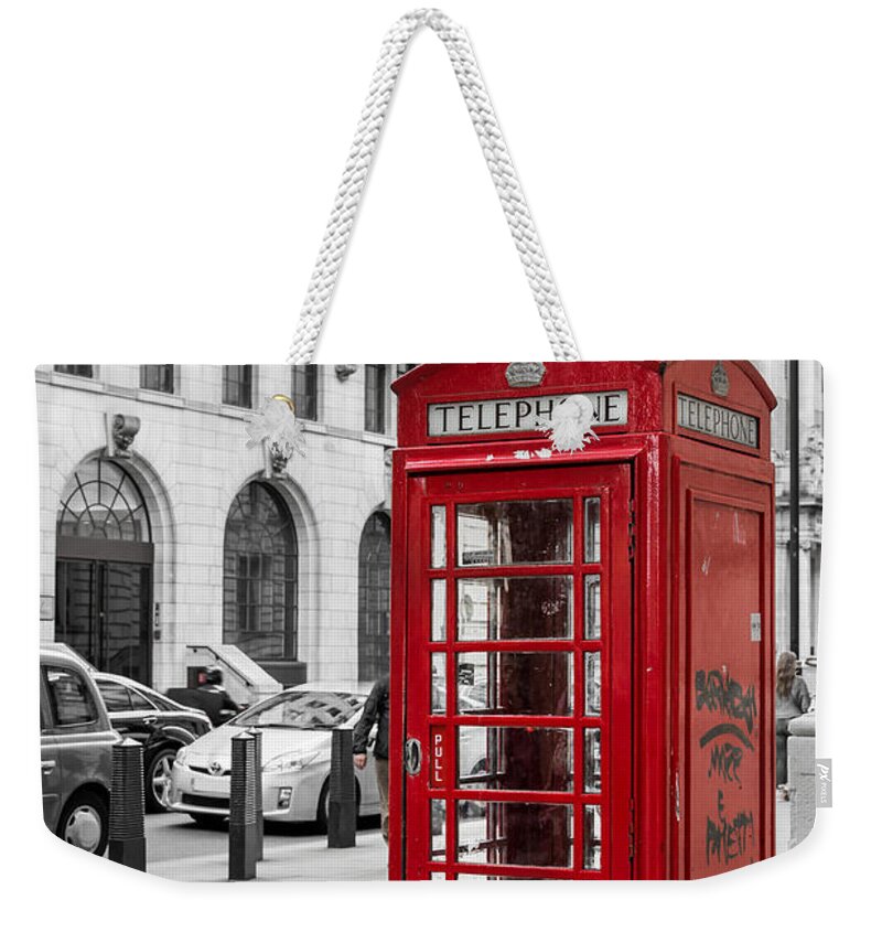 Red Telephone Box Weekender Tote Bag featuring the photograph Red Telephone Box in London England by John Williams