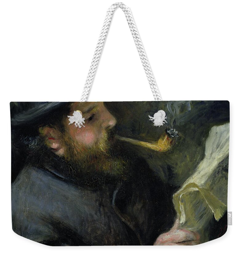 Claude Weekender Tote Bag featuring the painting Claude Monet reading a newspaper by Pierre Auguste Renoir