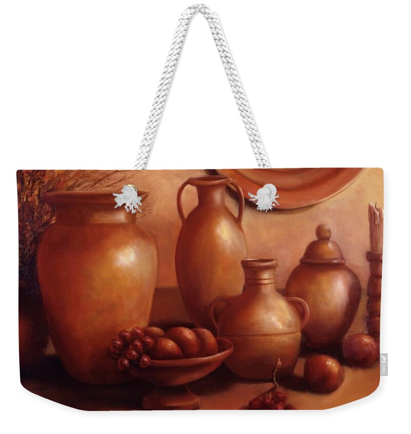 Clay Weekender Tote Bag featuring the painting Clay Pots by Lynne Pittard