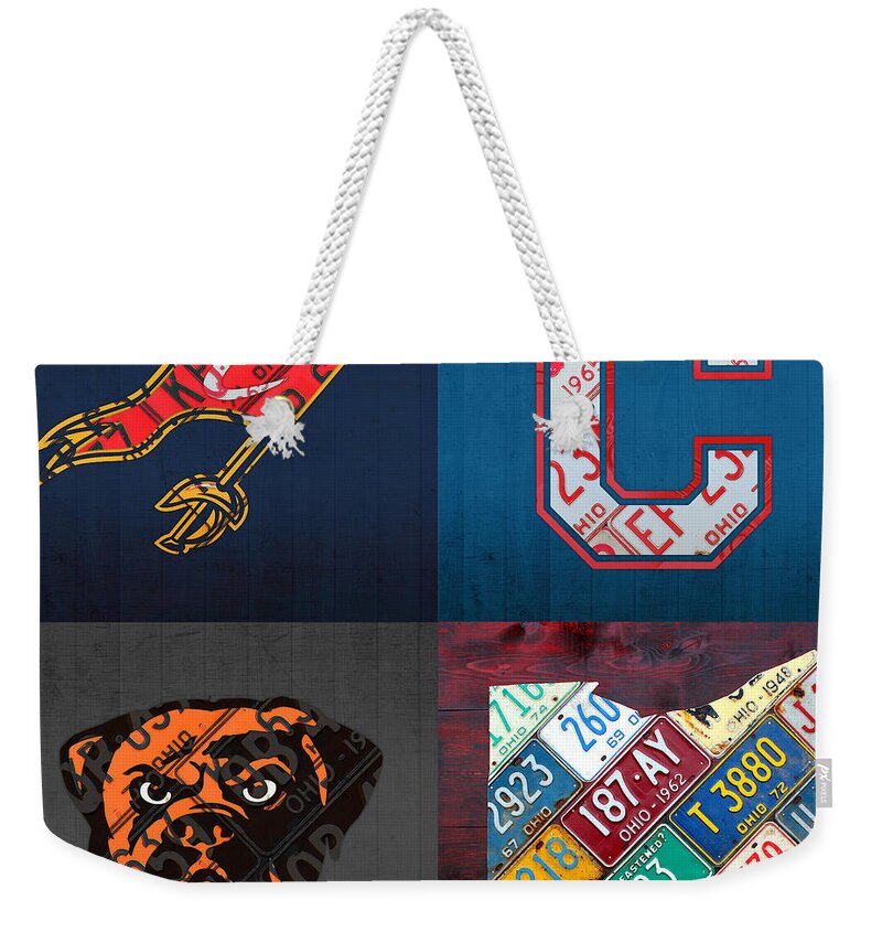 Cleveland Weekender Tote Bag featuring the mixed media Cleveland Sports Fan Recycled Vintage Ohio License Plate Art Cavaliers Indians Browns and State Map by Design Turnpike