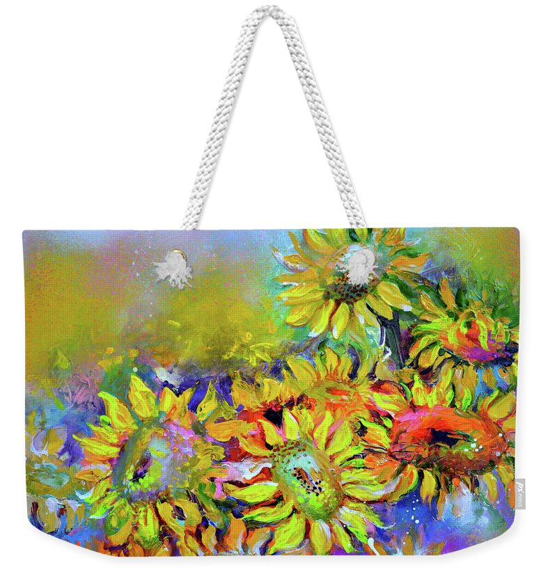 Sunflower Weekender Tote Bag featuring the painting Climbing Toward the Sun Impressionist Sunflower Impasto Painting Art Print by Soos Roxana Gabriela by Soos Roxana Gabriela