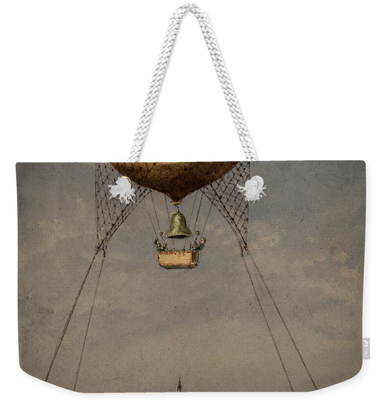 Hot Air Balloon Weekender Tote Bag featuring the mixed media Clock over Paris by Vintage Pix