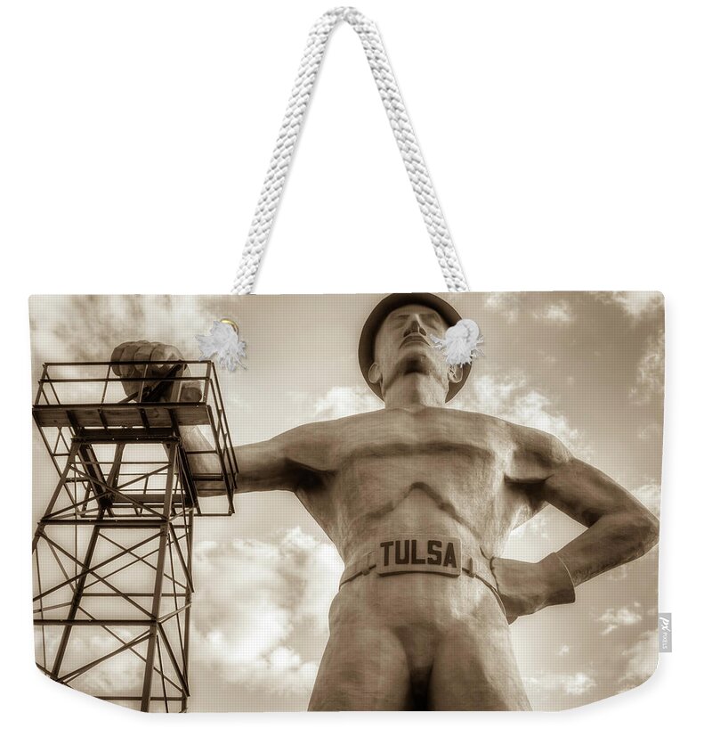 American Weekender Tote Bag featuring the photograph Close Up of Tulsa Driller Statue - Sepia by Gregory Ballos