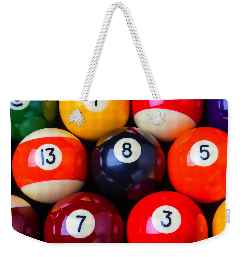 Pool Weekender Tote Bag featuring the photograph Close Up Poolballs by Garry Gay
