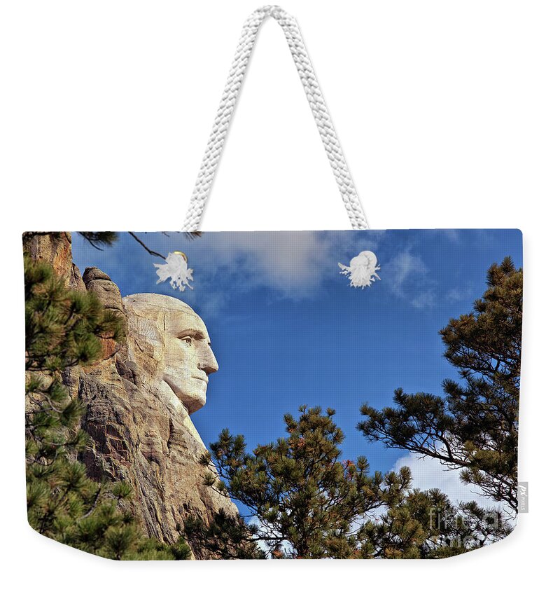 Mount Rushmore Weekender Tote Bag featuring the photograph Closeup profile of George Washington at Mount Rushmore National Memorial in South Dakota by Sam Antonio