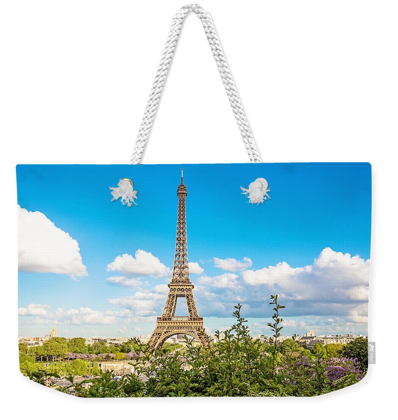 Eiffel Tower Weekender Tote Bag featuring the photograph Cloud 9 - Eiffel Tower - Paris, France by Melanie Alexandra Price