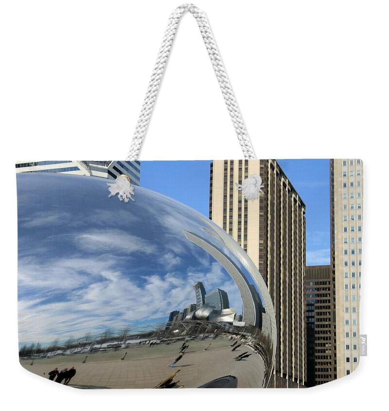 Cloud Gate Weekender Tote Bag featuring the photograph Cloud Gate Reflections by Kristin Elmquist