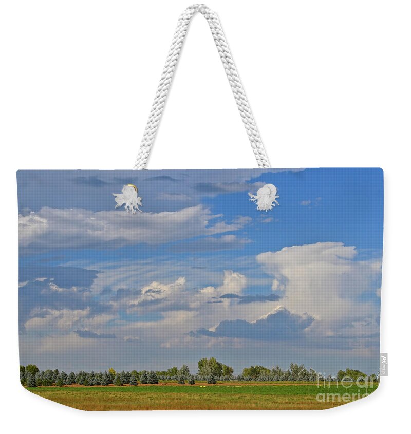 Northern Colorado Weekender Tote Bag featuring the photograph Clouds Aboive the Tree Farm by Cindy Schneider