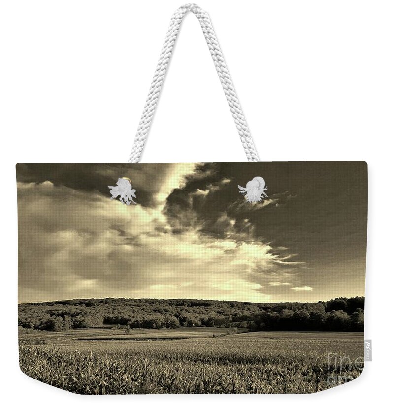 Farm Weekender Tote Bag featuring the photograph Clouds and Cornfields by Dani McEvoy