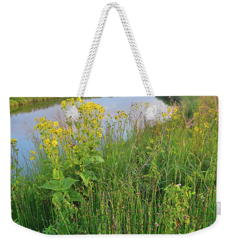 Mchenry County Conservation District Weekender Tote Bag featuring the photograph Clouds over Nippersink Creek in Glacial Park by Ray Mathis