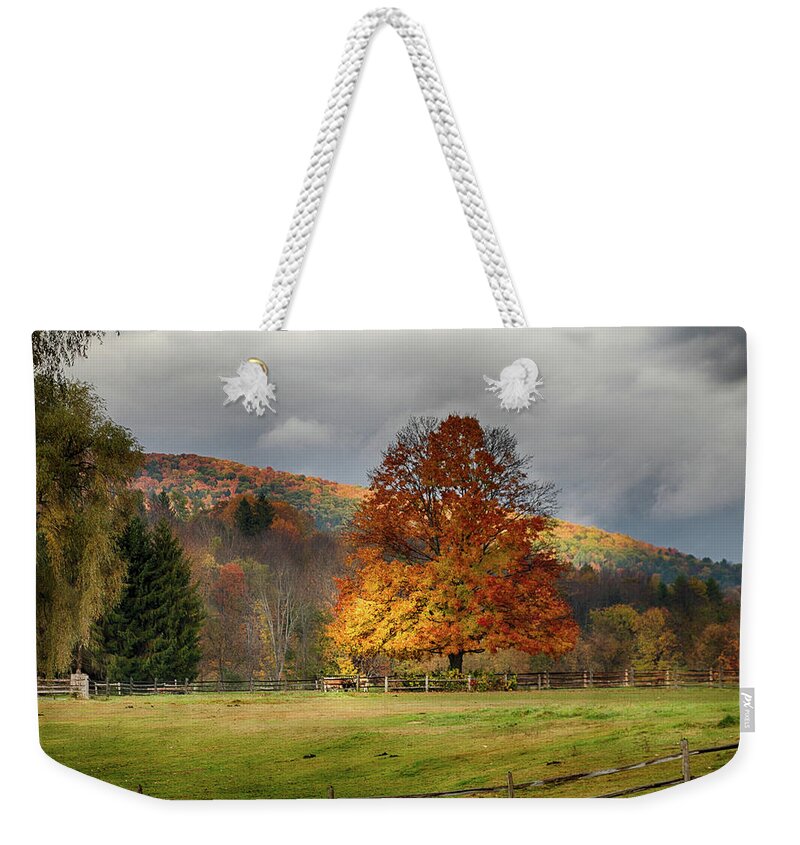Vermont Fall Foliage Weekender Tote Bag featuring the photograph Clouds part over Marsh Billings-Rockefeller NHP by Jeff Folger